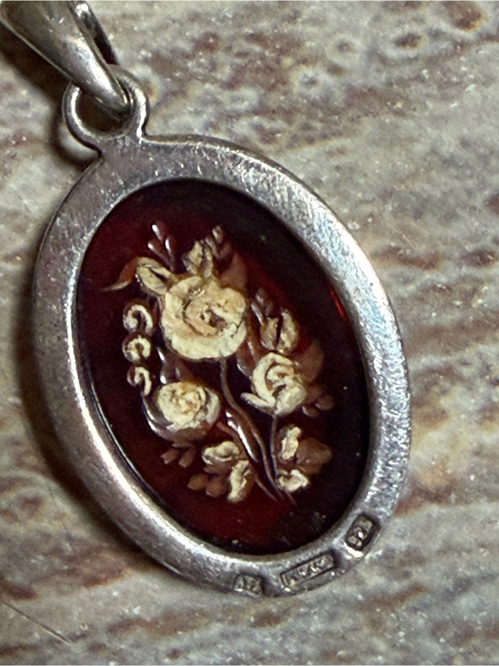 VintagePoland Sterling Silver Oval Amber? Possibly?Cabochon With Flowers Pendant - Picture 4 of 11